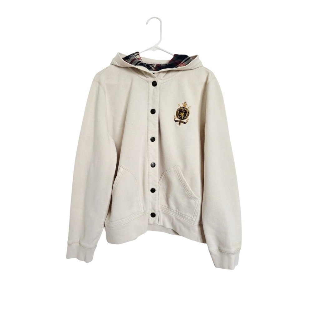Ralph Lauren Jeans Company Womens Hoodie L Crest Plaid Snap Jacket Preppy Cream